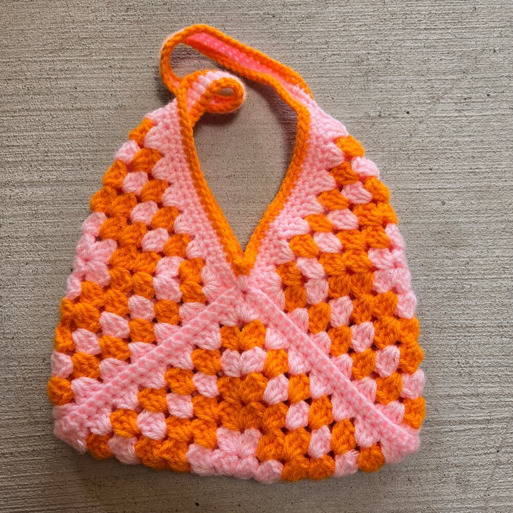 Crochet Purse Shoulder Bag Retro Mod Orange Pink Psychedelic Market Tote Boho - Picture 2 of 4